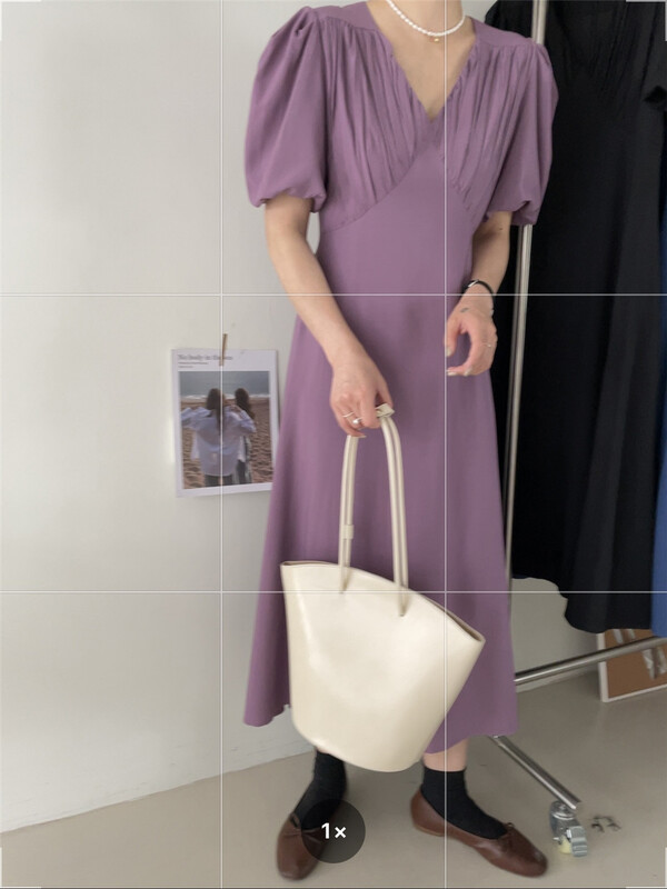 [in mode] Korean Solid Color Bubble Sleeve V-neck dress 6895# cqw