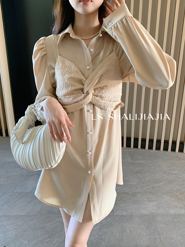 New year in early spring! [LS] basic versatile solid color suspender Vest + slim versatile Solid Color Bubble Sleeve suit 2571# WPL