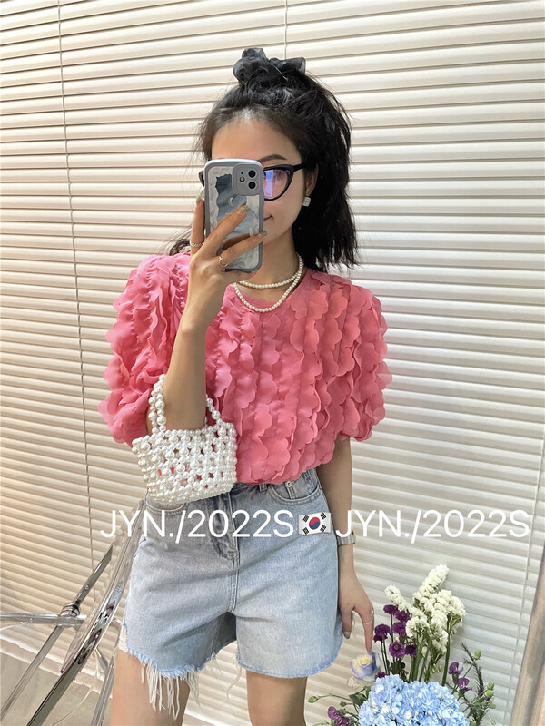 [jyn golden rain lemon] round neck Bubble Sleeve Chiffon shirt (excluding necklace) 7265# LSL