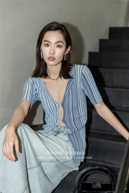 [Coline] striped single breasted comfortable knitted cardigan c2158b# hyy