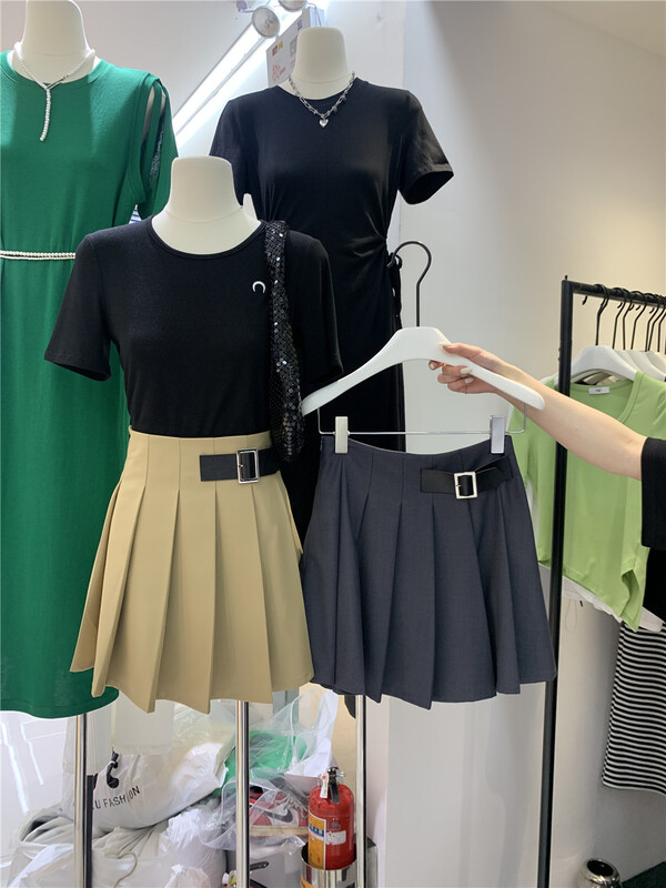 [SYC] Korean color blocking pleated slim skirt 22157# cqw