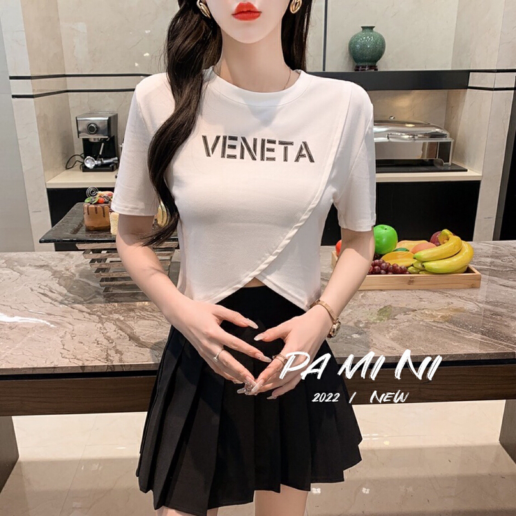 [pamini] crew neck letter versatile short sleeve T-shirt 966# Cl
