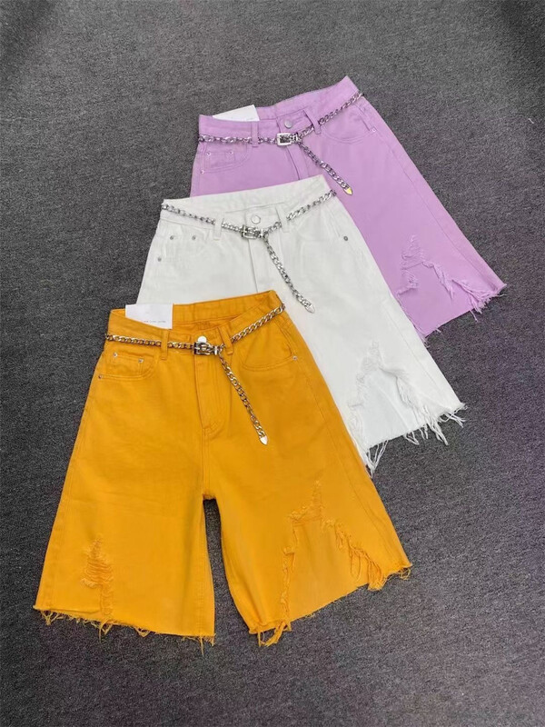 [thirteen inspirations] simple and versatile solid color pierced five point denim shorts 11138# PCZ