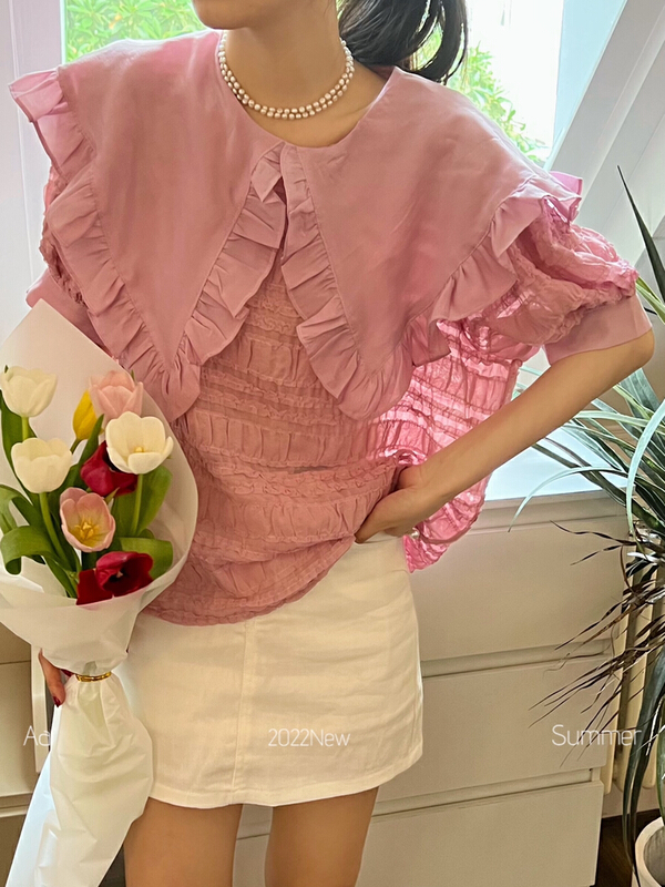 【AA STUDIO】韓版甜美娃娃領網紗拼接小衫  6080-1#  WPL