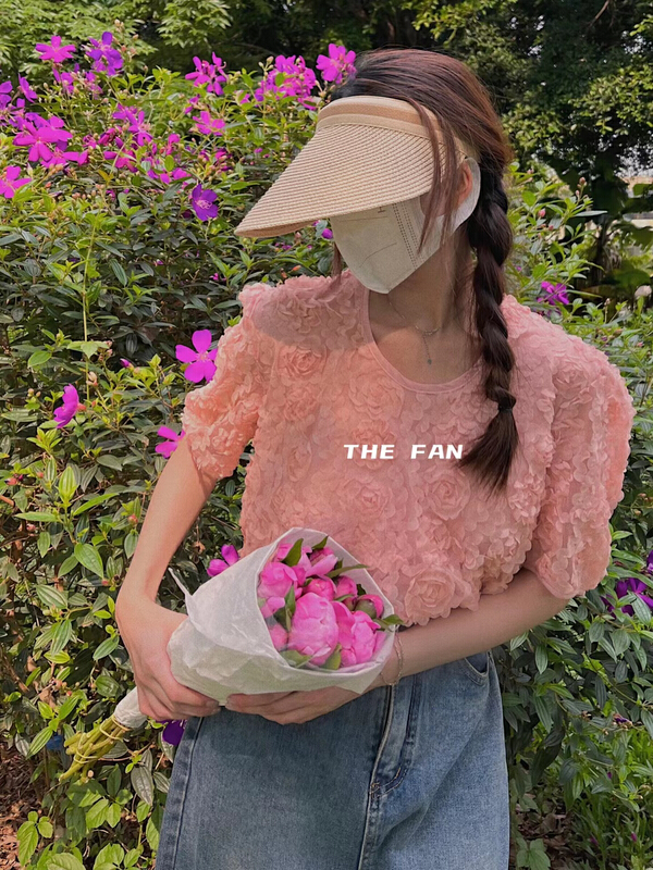 [the fan] Korean flower lace bubble sleeve blouse 501853# zxx