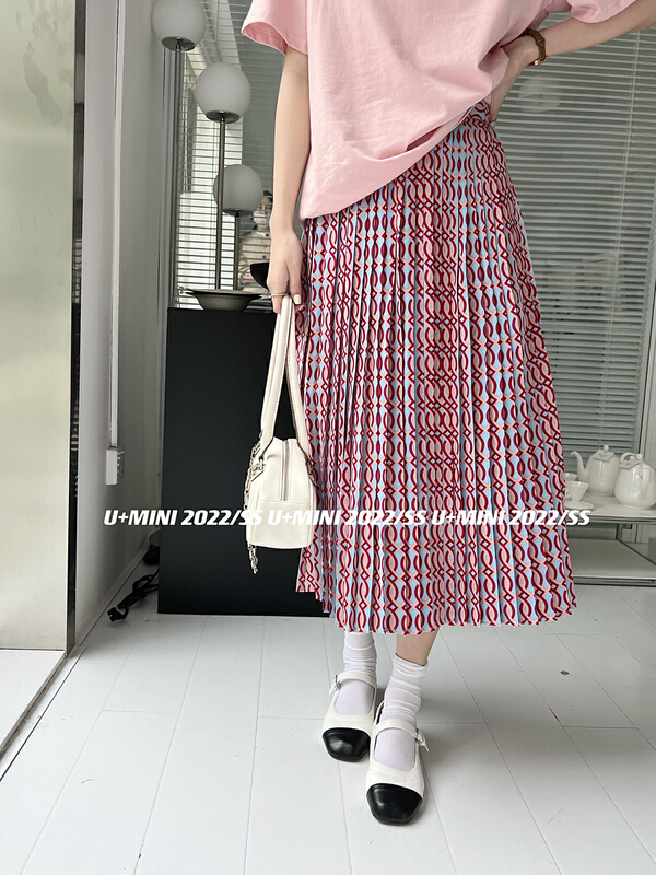 New year in early spring! [U + Mini] Korean geometric color contrast print pleated skirt d0395# jhy
