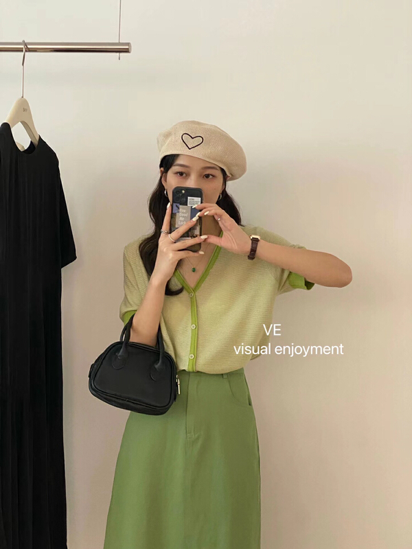 New in early summer! [ve] V-neck contrast short sleeve knit cardigan 5585# HBx