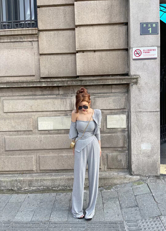 [toko.z] solid color irregular bra shirt + comfortable casual pants two piece suit 2258\cqw