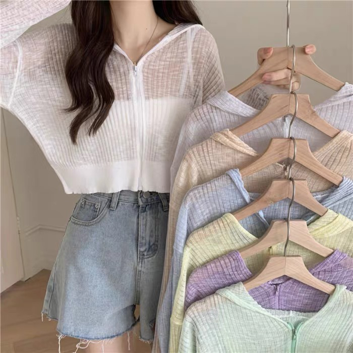 [f · P] Korean simple thin hooded sunscreen knitted cardigan 70115# HBx
