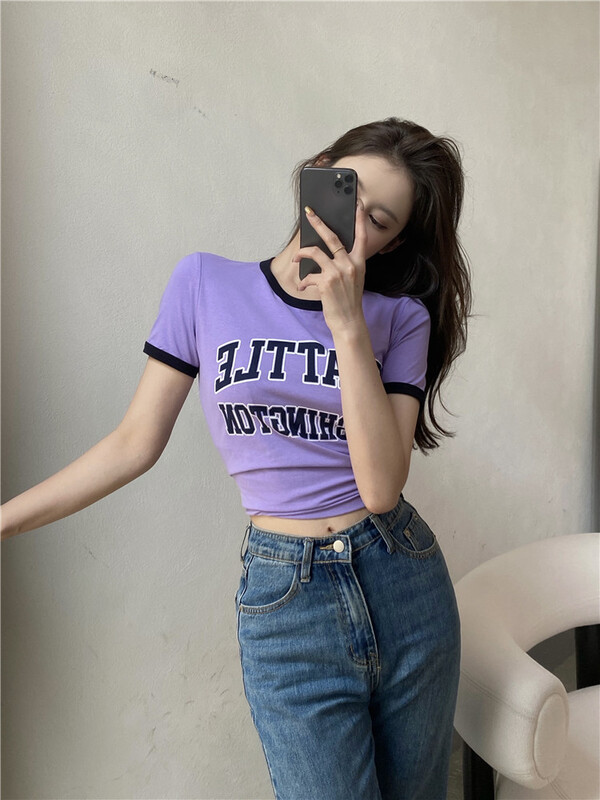 [modern 197] simple contrast letter printed short sleeve T-shirt 0061# zyh
