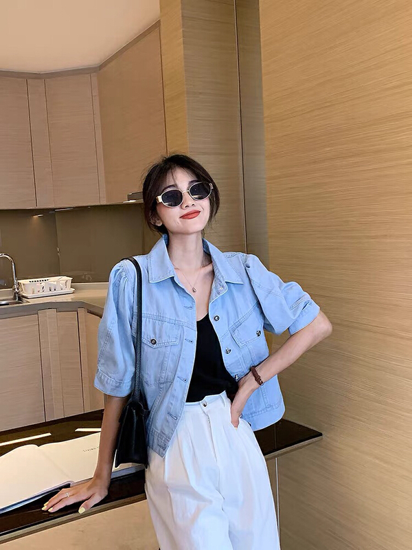 [Lina] temperament versatile bubble sleeve denim jacket 8753# zxx