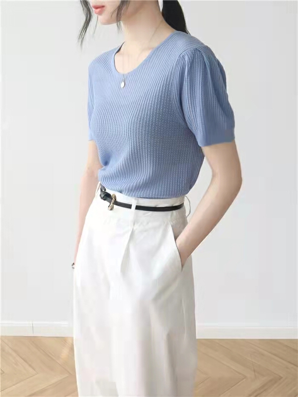New in early summer! [city light] bubble sleeve hollow out linen sweater sy98129# XJ