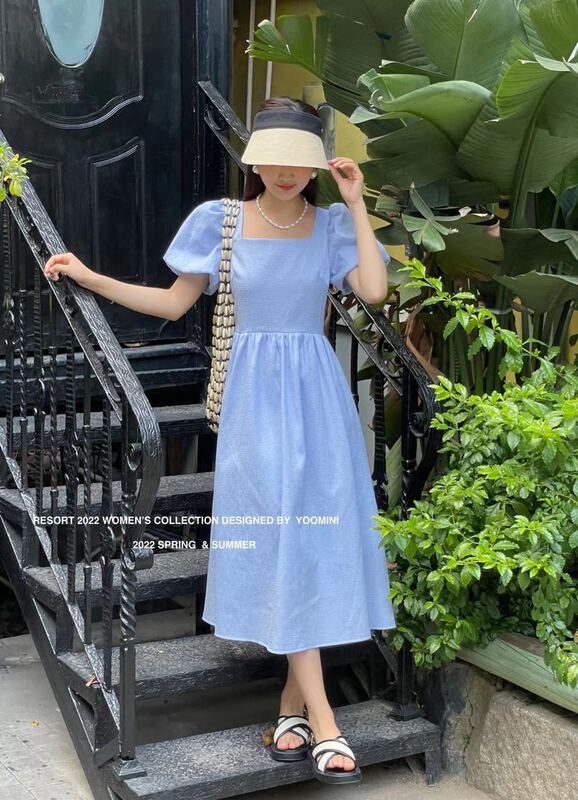 [yoomini] Korean version bubble sleeve bow design hollow out long sweet dress c12648# WPL
