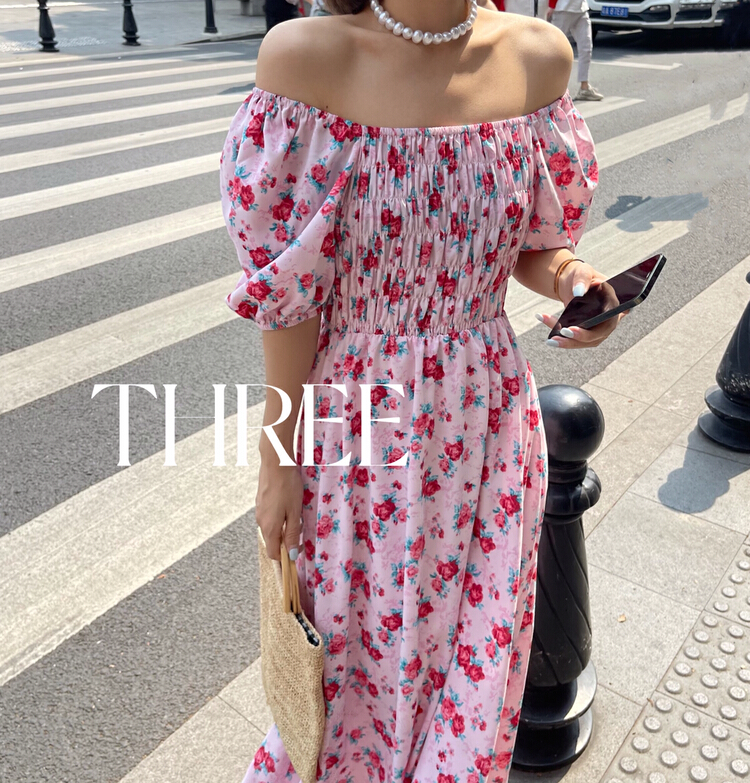New in early summer! [three 33 +] Korean version of foreign style floral one shoulder dress 2313# ozq