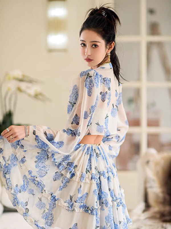 New in early summer! [ala] printed chiffon bubble sleeve dress l1256a# JJ