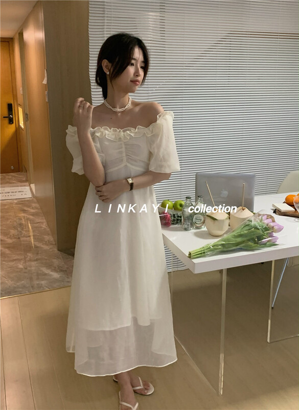 [linkayi] French Style Bubble Sleeve high waist dress 22418# hjy