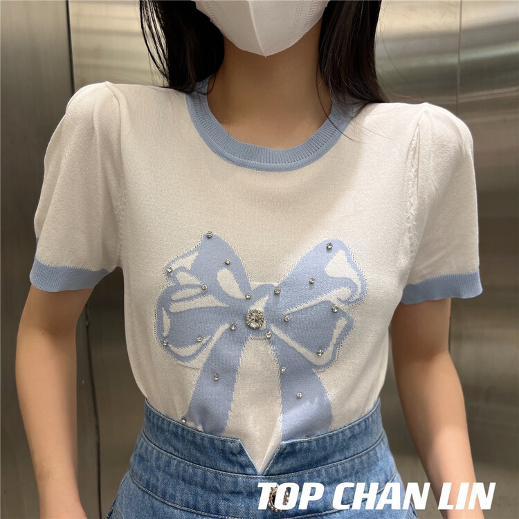 [top Chan Lin] heavy industry nail bead bow short sleeve sweater 95181# cqw