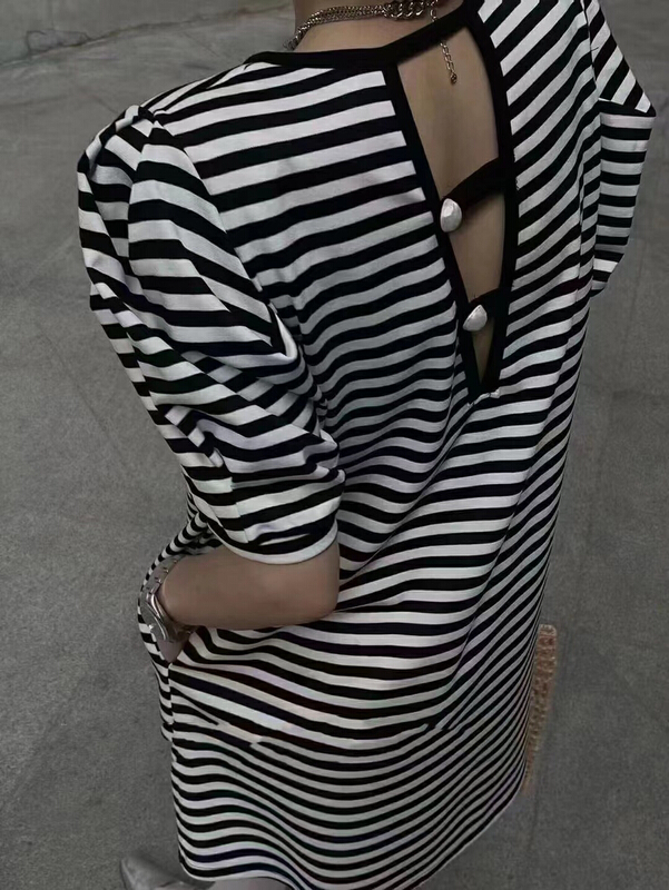 [FF. Studio] stripe retro bubble sleeve dress 6801# ozq