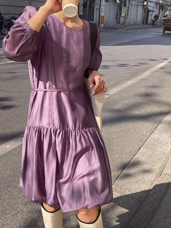 New in early summer! [soul] Korean style round neck sweet crimping thin medium length dress bs16104211l# CLS