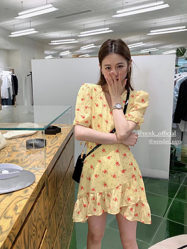 [L.L studio] French high-grade floral bubble sleeve one piece lace up dress 7465# PCZ