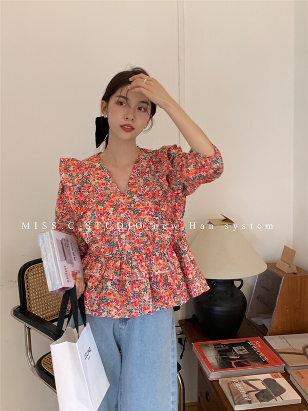 [miss. C studio] Korean V-neck floral Ruffle shirt 8603# zxx
