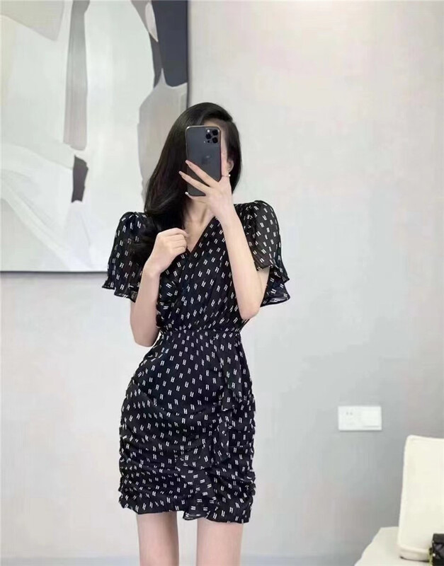 goods in stock! New in early summer! [Han C family] V-neck drawstring Printed Dress 9201# PCZ