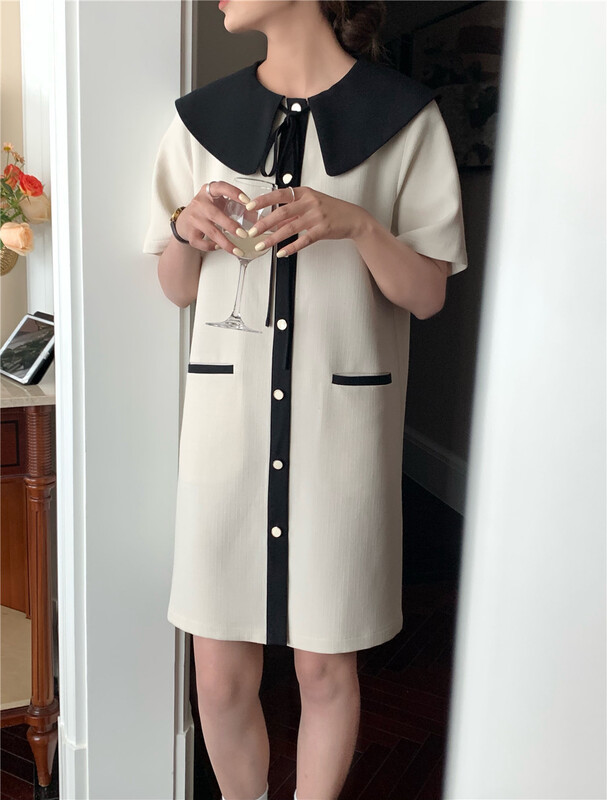 [feeding] Korean color contrast large lapel versatile dress 7795-e7# cqw