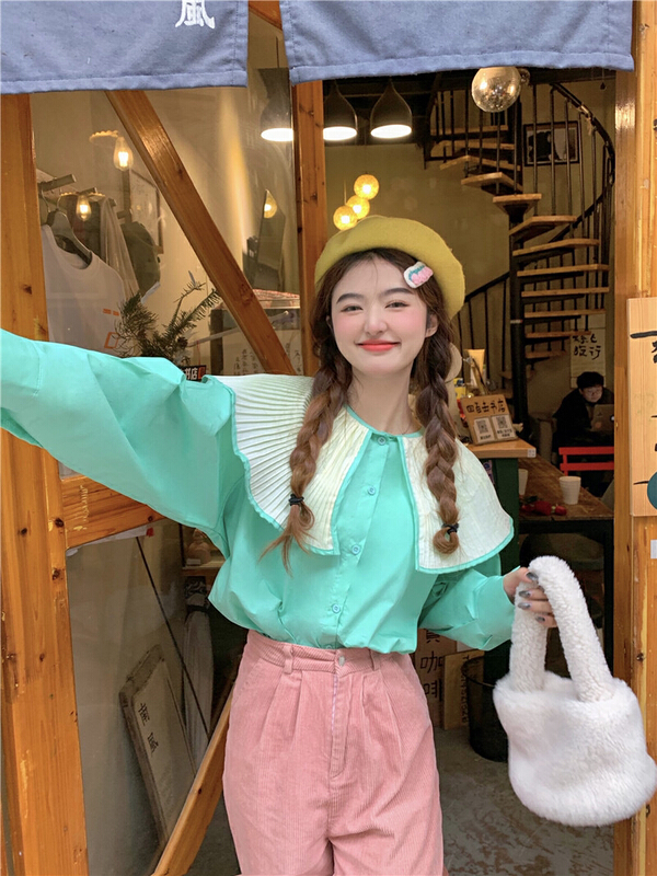 New year in early spring! [timely rain] Han Feng's sweet pleated doll large lapel contrast color splicing age reducing shirt 5482# jhy
