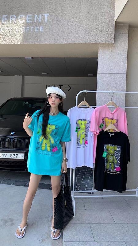 [our] Korean fashion three-dimensional printing hot drilled bear short sleeve T-shirt 9550# LSW
