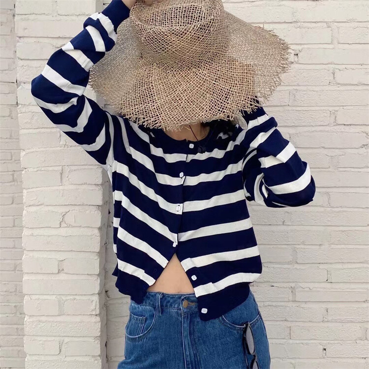New year in early spring! [one seven] stripe crew neck button vintage knit cardigan my5687# LSL