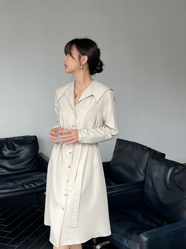 New in early summer! [context sense] Navy neckband waist closing dress (with belt) mnc902# CLS