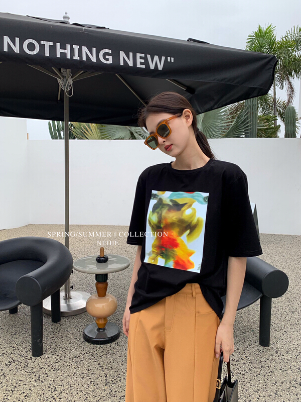 New in early summer! [neihe] print pattern loose short sleeve T-shirt 11391# zxx