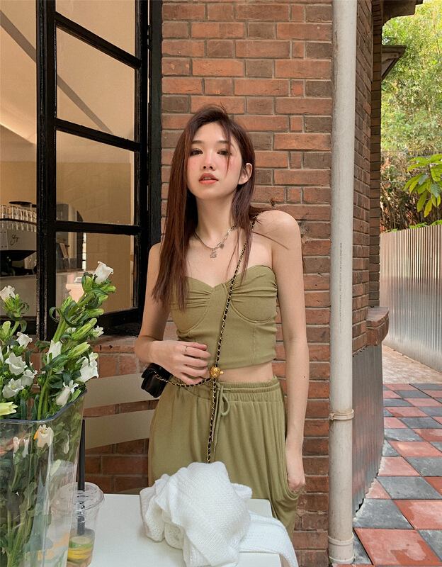 [timely rain] Han Feng ins sweet and spicy girl's westernized bra + high waist drawstring slim casual pants set (only sell sets) 27709# WPL