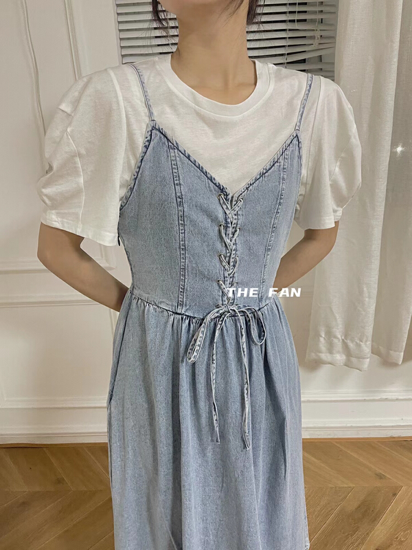 [the fan] strapping denim suspender skirt + solid color T-shirt set 501066# zxx
