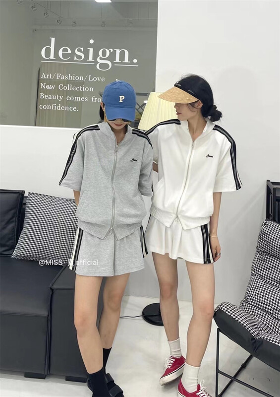 [Miss Jia] Korean stand collar zipper short sleeve jacket + versatile thin color matching casual Shorts Set 3361# XYY