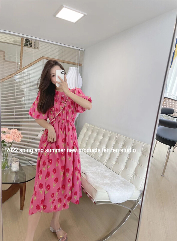 [fne fne] Korean V-neck flower sweet temperament dress 0068# WPL