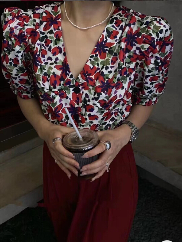 [MI] Vintage loose button V-neck floral shirt 9499# PCZ
