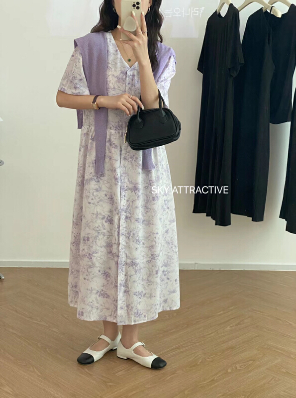 [sky] V-neck oil painting dress (with shawl) 89017# HBx