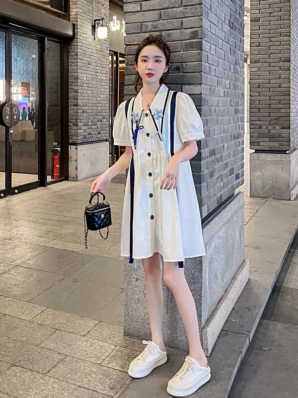 [Yingying new clothes] college style Hepburn style high waist thin shirt dress (with Brooch) 7493# Cl