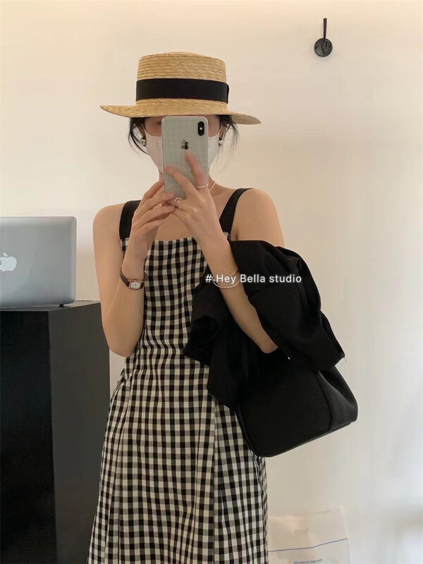 New in early summer! [hey Bella] Korean checked suspender waist dress 2816# ll