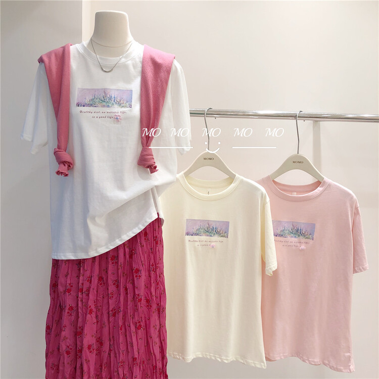 New in early summer! [Momo] Korean casual round neck Pullover short sleeve T-shirt 3876# HBx
