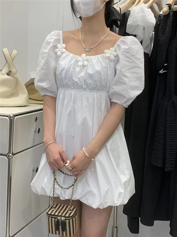 [M queen] square neck and waist with thin bubble sleeve dress 6281# HBx