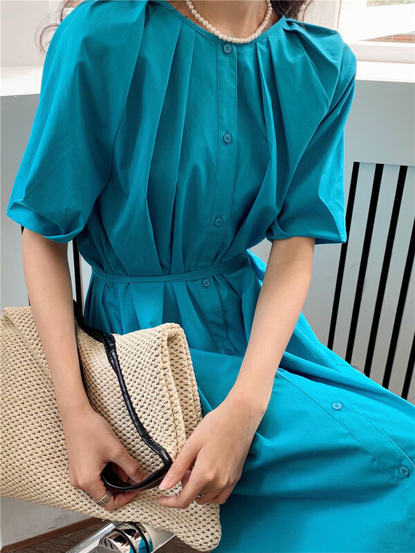 [lini] Korean bubble sleeve round neck sweet dress 222s043# zxx
