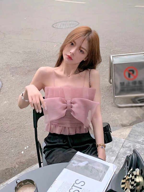 [Xinran] sweet wind bow mesh small sling small shirt 0251# PCZ