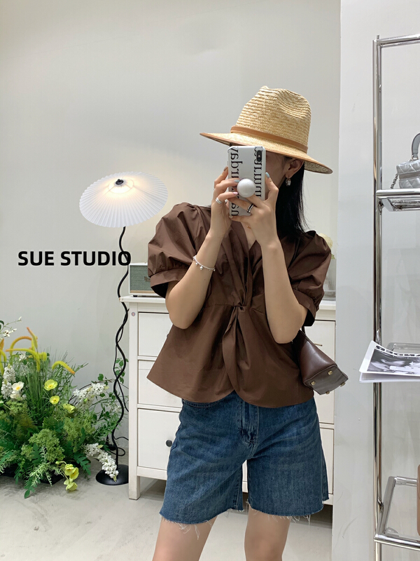 [Sue studio] Korean cross V-neck shirt 22276# zjy