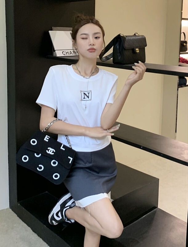 New in early summer! [qixuan'er] Korean high waist pleated line printed short sleeve T-shirt 2660# LSW