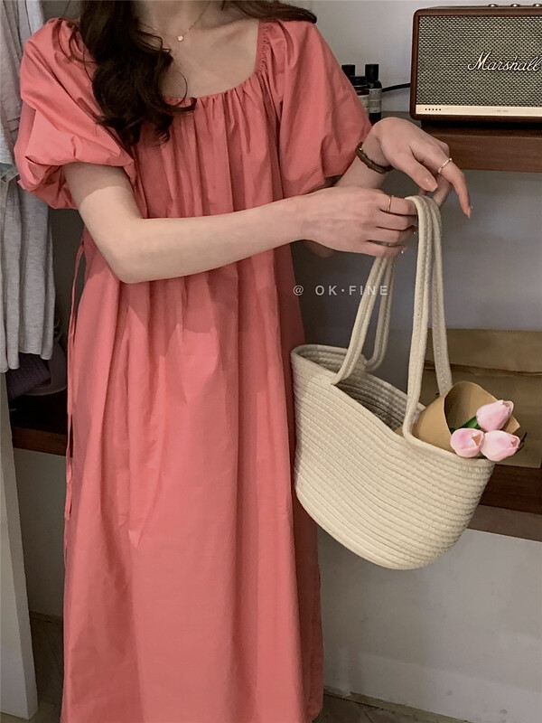 [OK fine] Korean solid color loose foam sleeve square neck dress (with belt) k3017# zjy