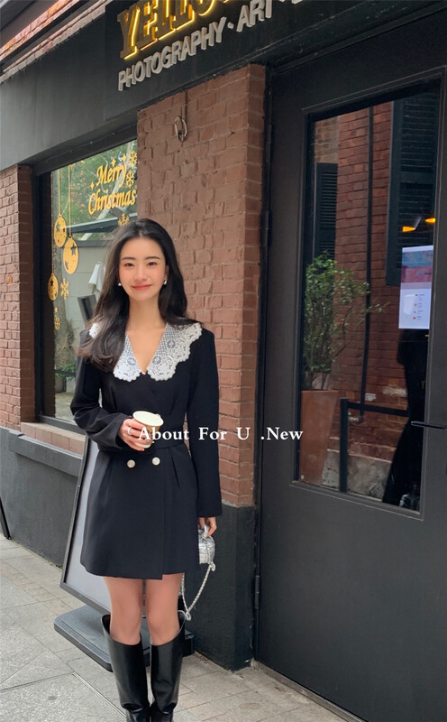 goods in stock! [about for u] temperament color matching lace double breasted bubble sleeve dress (without belt) ys1-66089# WPL