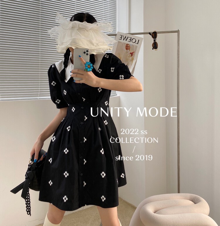 New in early summer! [unit] embroidered flowers show thin, high waist Navy doll neck dress 8625-1# cqw