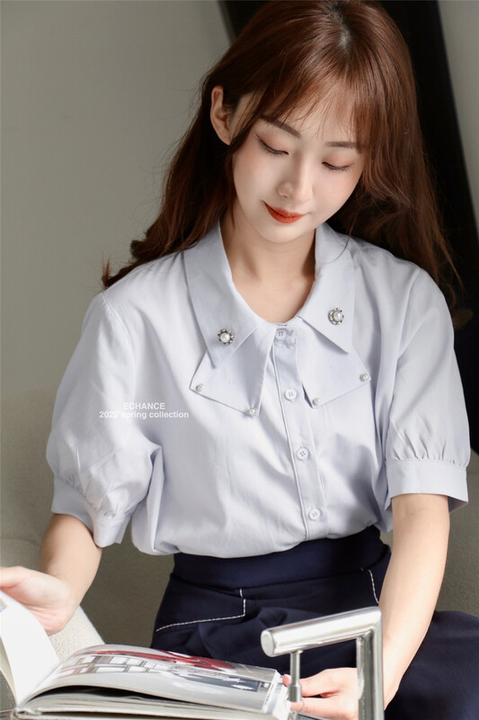 New in early summer! [Economy] temperament lady style solid color Beaded short sleeve shirt 8815# lwy